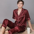 Seiden-Schlafanzug-Set für Herren in Weinrot mit kurzen Ärmeln und langer Hose - M / Weinrot Herren