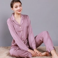 Elegant lavender silk pajamas set featuring long sleeves with contrast piping for women - M (Women) / Female Style / Dusty Pink