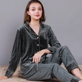 Women's two-piece grey velvet pajama set with long sleeves and embossed check pattern - M / Gray / Women