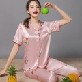 Short sleeve pink silk pajama set for women with rose floral and letter print - Pink Digital Flower