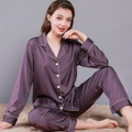 Elegant purple satin pajama set featuring long sleeves and piped trim for women - M (Women) / Female Style / Purple