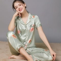 Women's 2-piece light green satin pajama set with floral and vintage prints - Light Green Digital Flower