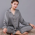 Dark grey silk satin pajama set for women with long sleeves and gold piping details - M (Women) / Female Style / Gray