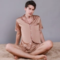 Men's champagne satin silk pajama set with short sleeves, shorts and red piping - L / Coffee