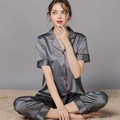 Pyjama en soie gris foncé pour femme avec haut à manches courtes et pantalon satiné - M / Haut Et Bas / Gris / Mme