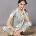 Women's mint green silk pajamas set with tropical flower and bird prints on satin - Pale Blue Floral