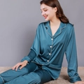 Dark teal faux silk pajamas set for couples featuring long sleeves and lapel collar - M (Women) / Female Style / Lake Blue