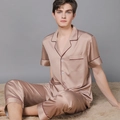 Pyjama en satin de soie champagne pour homme avec manches courtes et pantalon long - M / Haut Et Bas / Café / Hommes