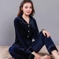 Women's navy blue velvet pajama set with waffle texture and elegant beige piping - M / Navy Blue / Women