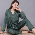 Women's dark green silk satin pajama set with long sleeves and light beige piping - M (Women) / Female Style / Dark Green