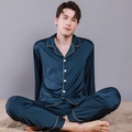 Marineblauer Herren-Schlafanzug aus Satin mit langärmeligem Revers-Oberteil und langer Hose - M (Herren) / Herrenstil / Dunkelblau