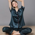 Pyjama en soie vert foncé pour femme avec haut à manches courtes et pantalon long - M / Haut Et Bas / Bleu Foncé / Mme