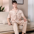 Men's striped silk pajama set featuring short sleeve button-down shirt and long pants - L / Top And Bottom / Beige