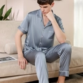 Men's silver silk pajama set with short sleeve top and long pants in a satin finish - Blue Grey