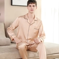 Pyjama homme en soie champagne à manches longues avec liseré noir contrasté élégant - Beige-Hommes