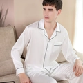 Pigiama da uomo in raso di seta bianco con bordino nero e maniche lunghe set - L / Bianco - Uomo