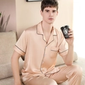 Champagne silk-like men's pajama set with short-sleeved top and matching long trousers - Beige
