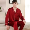 Pyjama en satin de soie pour homme, ensemble bordeaux à manches longues et liseré - Rouge Vin Hommes