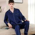 Pyjama en soie bleu marine pour hommes avec bordures blanches et col à revers - Bleu Marine - Homme