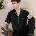 Men's black silk-like satin pajama set with white contrast piping for home comfort - L / Black