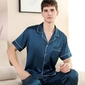 Men's navy blue silk-like satin pajamas set with short sleeves and white piping - Lake Blue