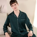 Pyjama en satin de soie vert foncé pour hommes avec manches longues et liseré blanc - Vert Foncé-Hommes