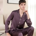 Pyjama en satin de soie pour hommes en violet foncé avec passepoil blanc et manches longues - Rouge Vin - Homme