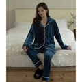Navy blue velvet pajamas set with long sleeves and pants featuring white piping trim - M / Lake Blue