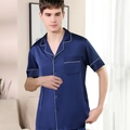 Men's dark blue satin silk pajama top with short sleeves and white contrast piping detail - Navy Blue