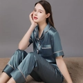 Pyjama en satin vert foncé pour femme avec haut à manches courtes et pantalon long - M / Haut Et Bas / Bleu Cyan / Mme