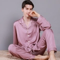 Men's dusty pink silk pajama set with long sleeves and classic button-down collar - L (Men) / Male Style / Dusty Pink