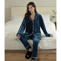 Conjunto de pijama de terciopelo azul mar para mujer con ribetes blancos finos - M / Azul Lago Profundo (Mujer)