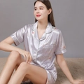 Short-sleeve satin pajama set for women with floral prints and button-down shirt - M / Purple Sunflower
