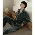 Men's dark grey green island velvet pajama set with classic button-down design - Dark Gray Men