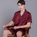 Men's silk satin pajama set in burgundy with short sleeves and contrast piping details - Burgundy