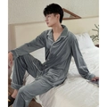 Men's dark grey velvet pajama set with contrast piping and soft thermal fabric - Light Gray (Men)