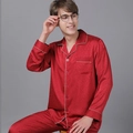 Men's red satin pajama set with floral jacquard pattern and classic contrast piping - Red (Men)