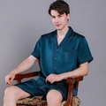 Men's silk satin pajamas set in peacock blue with short sleeves and red piping - Dark Green