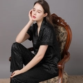 Women's black leopard satin pajama set with short-sleeved top and matching long pants - M / Black / Mrs.