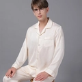 Men's cream silk pajama set with intricate jacquard pattern and long sleeves - Pearl Rice (Men)