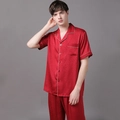 Pigiama da uomo in seta rossa scura con motivo paisley, camicia a maniche corte e pantaloni - L / Rosso (Uomini)