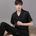 Men's black satin pajamas set with short sleeve shirt and long pants in leopard print - M / Black / Men's