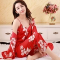 Set pigiama 3 pezzi in seta rossa floreale da donna con canotta, pantaloni e vestaglia - L / Rosso Fiore Rosa
