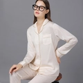 Champagne silk pajama set for couples featuring jacquard patterns and piping detail - Pearl Rice (Women)