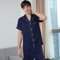 Dunkelblaues gestreiftes Seiden-Pyjama-Set für Herren mit Kurzarm und langer Hose - L / Marineblau - Herren