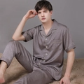 Pigiama da uomo grigio in raso di seta con motivo paisley, maglia corta e pantaloni - L / Taupe (Uomini)