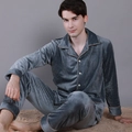 Men's dark grey velvet pajama set with waffle texture and button-up thick warm fabric - M / Gray-Men