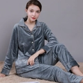 Women's grey waffle-textured thick velvet pajama set with long sleeves and button top - M / Gray-Women