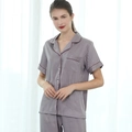 Women's lavender satin pajama set featuring short sleeves and striped texture fabric - M / Silver - Women