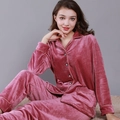 Women's pink waffle velvet pajama set featuring long-sleeved lapel top and trousers - M / Rose Red - Women